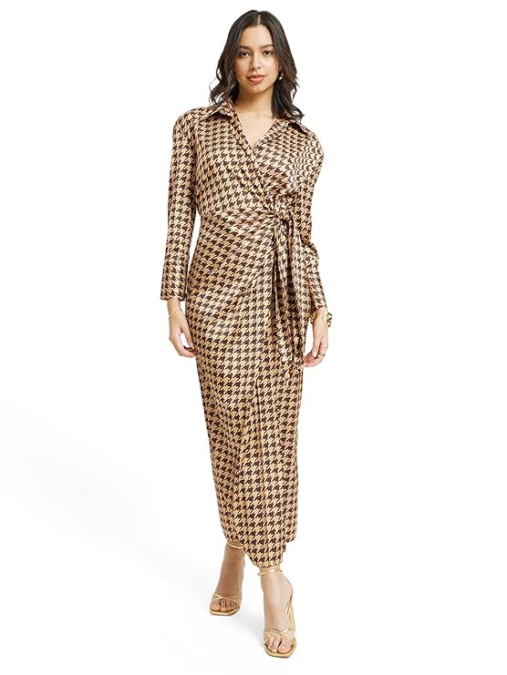 FableStreet Women’s Casual Shirt Collar Printed Polyester Midi Dress