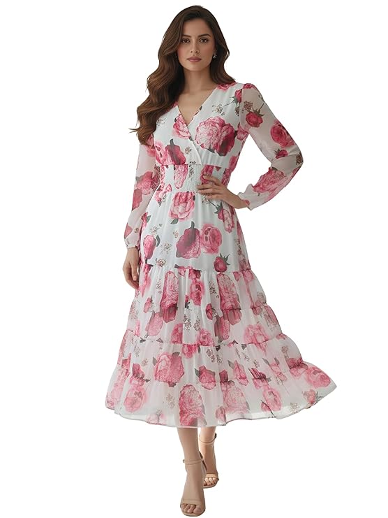 Leriya Fashion Dress for Woman | Maxi Dress for Women Stylish | Women’s Elegant A Line Dresses Summer Long Georgette with Floral Prints | Perfect Gaun Wear for Womens