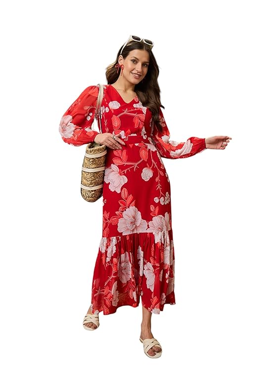 Sassafras Women’s Red Floral Baloon Sleeve Midi Dress-M