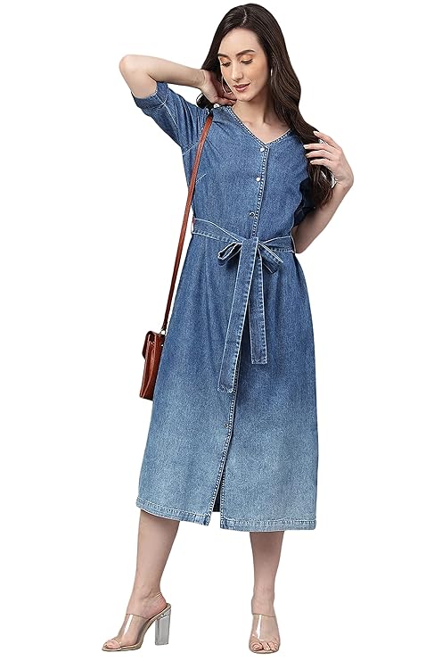 Janasya Women’s Denim Solid Straight Western Dress
