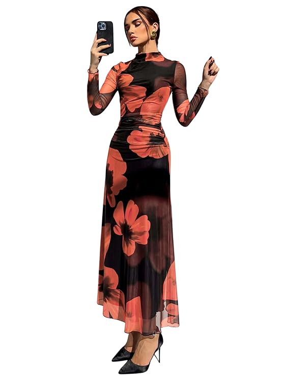 Women’s Bodycon Maxi Dress Fall Spring Fashion Long Sleeve Floral Print Tight Fitted Party Club Ruched Dresses