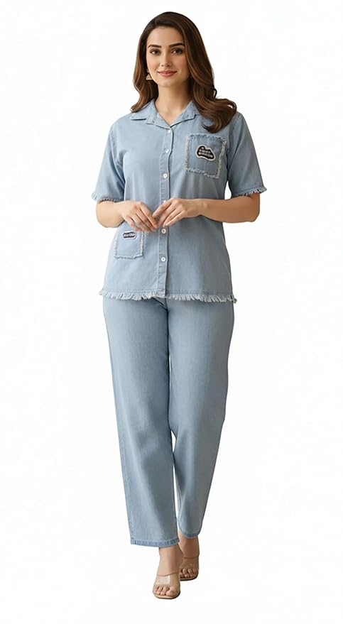 A&H Co-Ord Set for Women Stylish | Kurta Sets for Women | Denim Embroidered Top with Frayed Hem | Soft Denim Wide-Leg Pants | Comfortable Short Sleeve| Western Co-0rd Set|