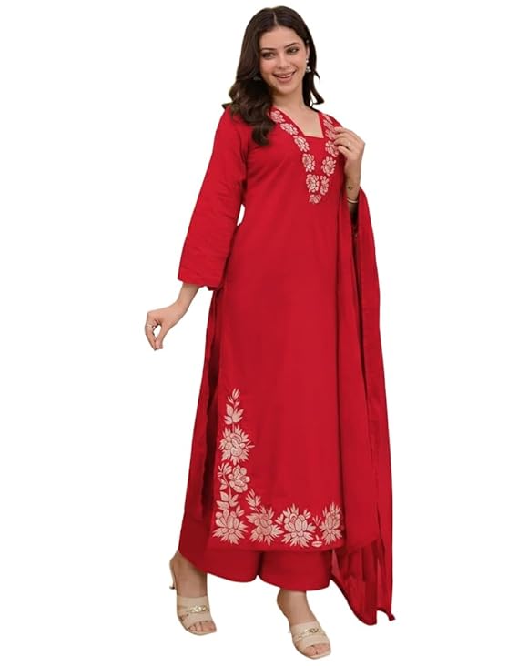 ANNI Designer Pure Cotton Embroidered Kurta Set for Women | Rust Orange Kurta with Pants & Dupatta | Floral Neck & Hem Embroidery | Cotton Kurta Set for Women | 10 Colour Options Available