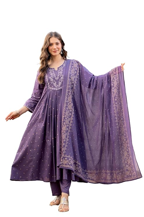 PARTHVI Women’s 100% Pure Cotton Anarkali Kurta Set with Pant & Dupatta | Embroidered Flared Kurta | Elegant Ethnic Suit