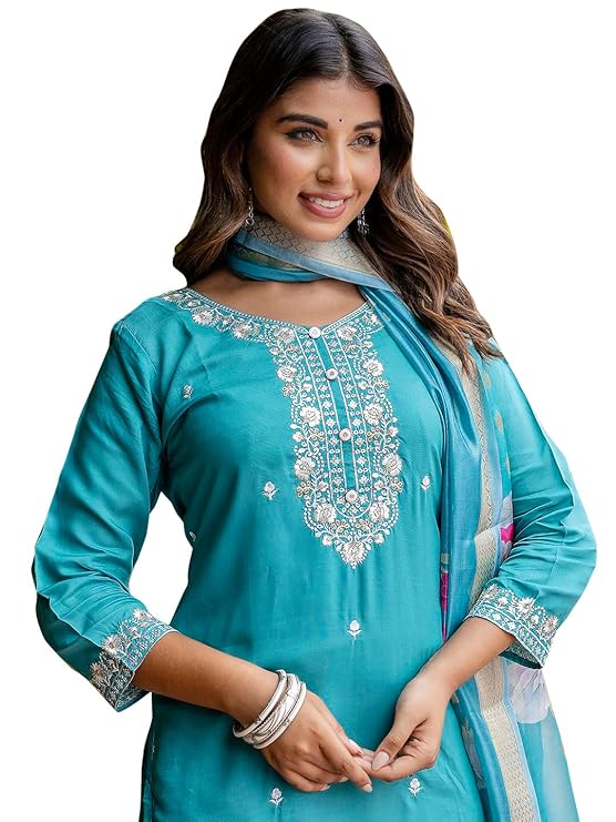 VredeVogel Women’s Viscose Roman Silk Embroidery Straight Kurta Pant with Dupatta Set | Ethnic Casual Kurti Set