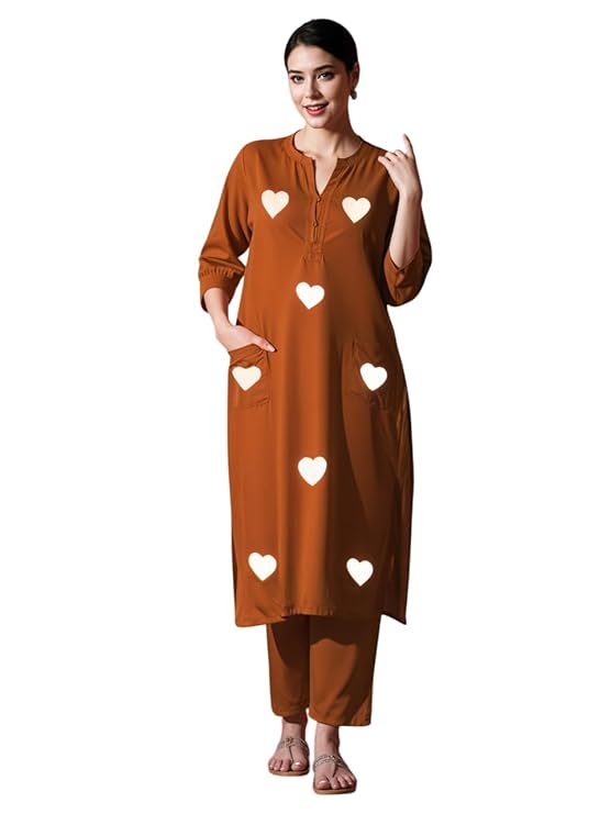 Aadyara Women’s Cotton Embroidered Straight Kurti with Pant Set