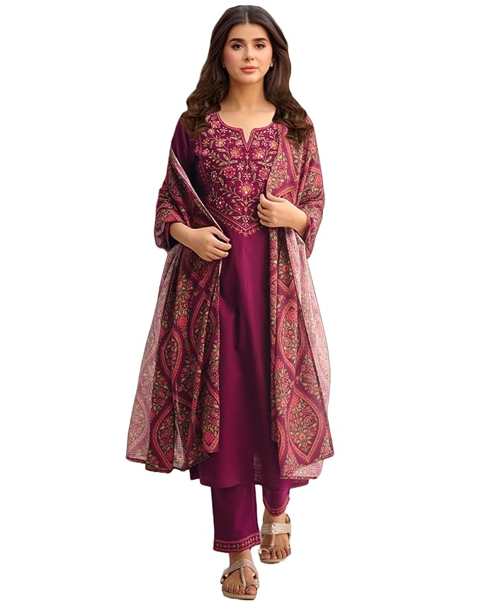 GoSriKi Women’s Rayon Viscose Straight Printed Embroidered Kurta with Pant & Dupatta | Ethnic Kurta Set for Women | Daily, Office & Festive Traditional