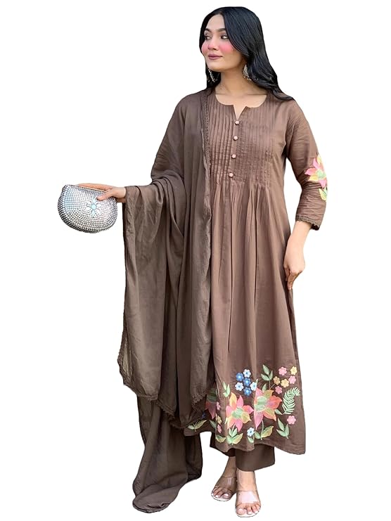 GoSriKi Women’s Rayon Viscose Embroidered Anarkali Kurta with Pant and Dupatta | Three Piece Ethnic Kurta Set for Women with Elegant Design