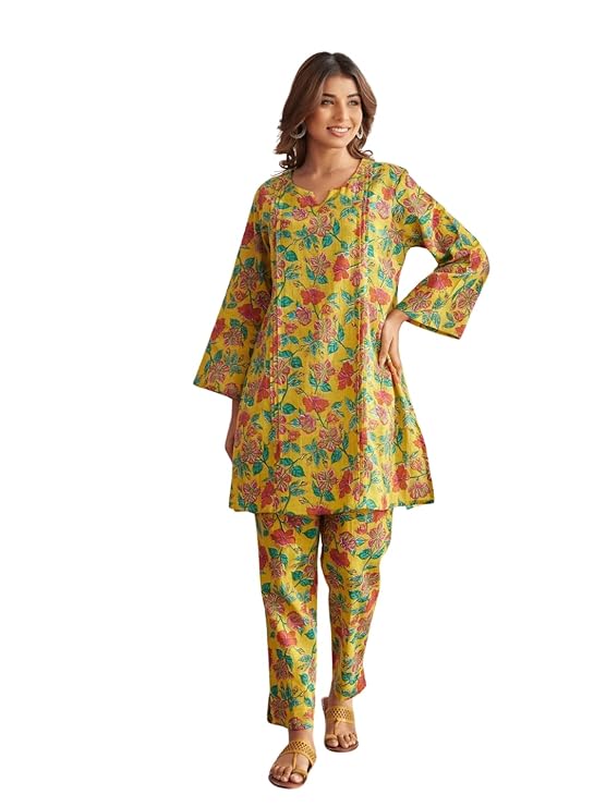 NAINVISH Womens Cotton blend Floral Ethnic Co Ord Set | Casual Wear Pant Top Set | Fancy Co-Ord Set | Full Pair Set | Kurta Sets | Kurta Pant Set | Coord Sets | Top Pant Set