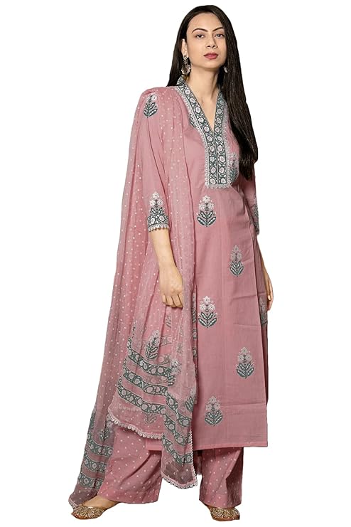 GoSriKi Women’s Cotton Blend Straight Hand Block Printed Kurta with Pant & Dupatta | Ethnic Wear for Women | Indian Casual Office Daily Summer Outfit