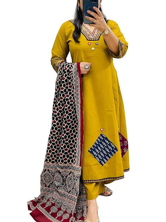 BHARVITA Women’s Cotton Handwork Embroidered Straight Kurta with Pant And Dupatta Sets