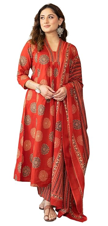 Arayna Women’s Pure Cotton Intricate Block Printed Ethnic Wear Kurta Set with Palazzo & Dupatta