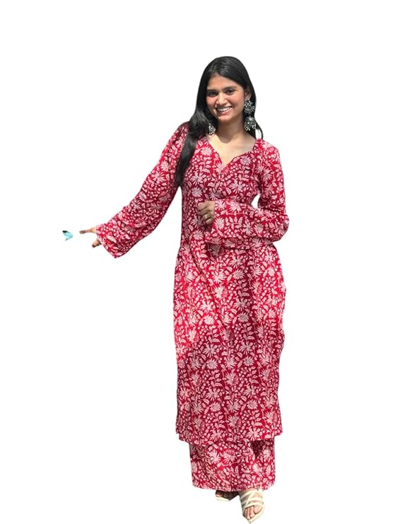 NIKLAV Women’s Rayon Kurta Set | Red Floral Leaf Printed Kurta with Full Sleeves & Matching Bottom | Comfortable Ethnic Wear Set for Daily Use, Casual Events & Festive Occasions | Sizes S to 3XL