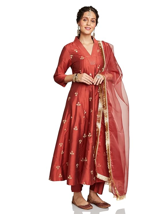 Amazon Brand – Myx Women’s Embroidered Kalidar Kurta Pant Set with Organza Dupatta (Available in Plus Sizes)