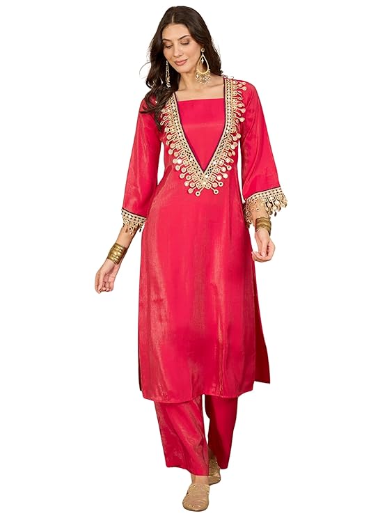 EthnicJunction Women’s Silk Blend Embroidered & Mirror Work Kurta Palazzo Set | Fusion wear Women | Ethnic Set | Wedding | Party