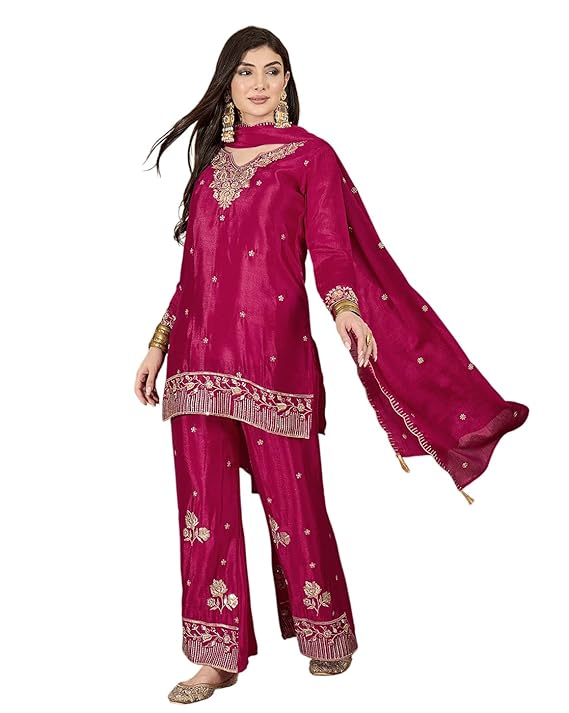 SheWill Poly Chinon Kurta with Zari, Sequence, Thread Cording Embroidery, Pai with Pant and Dupatta – A Vibrant Set
