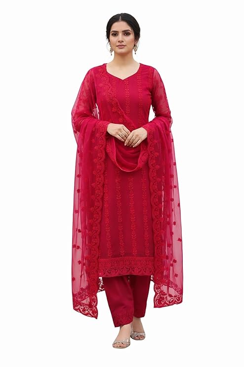 Women’s Net Embroidered Kurti Set with Pant & Dupatta | Straight Kurta Set with Heavy Thread Work Dupatta