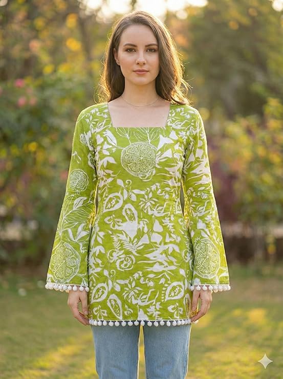 Women’s Premium Viscose Rayon Floral Printed Short Kurti | Stylish Bell Sleeves with Pom-Pom Lace | Teal Blue Tunic Top for Jeans & Office Wear