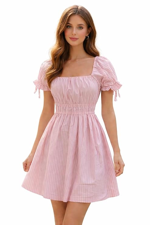 Pink Striped Mini Dress, Square Neck, Puff Sleeves with Ruffle Tie Detail, Smocked Waist, A-Line Fit