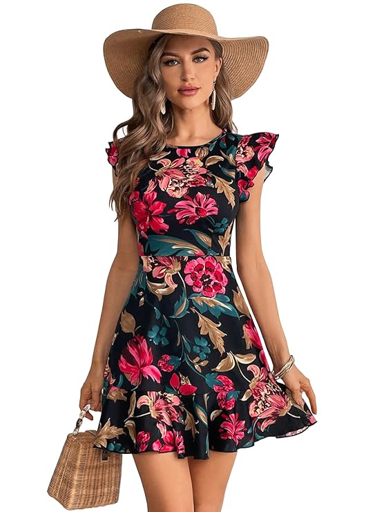 Shasmi Girl’s & Women’s Floral Print Cap Sleeve Ruffle Trim Short Dress Summer Boho One Piece Mini Dress for Women Stylish Dresses (Midi 170)
