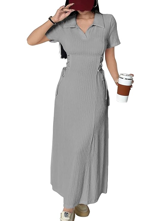 Shasmi Women’s Solid Color Applique Lace-Up Collared Short Sleeve, Side-Tie Waist Long Casual Maxi Women Dress Outfit Long Evening Midi Western Party Dress for Women (Dress 211)