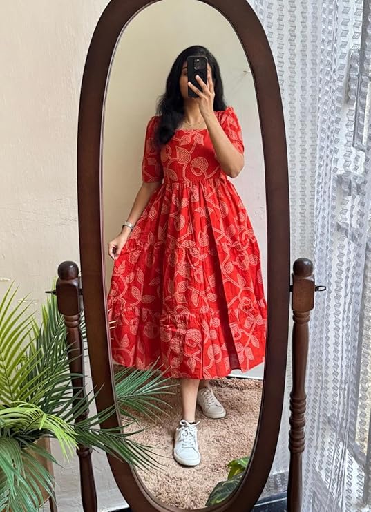 Women’s Paisley Print Midi Dress, Square Neck, Elbow Sleeves, Tiered A-Line Fit and Flare
