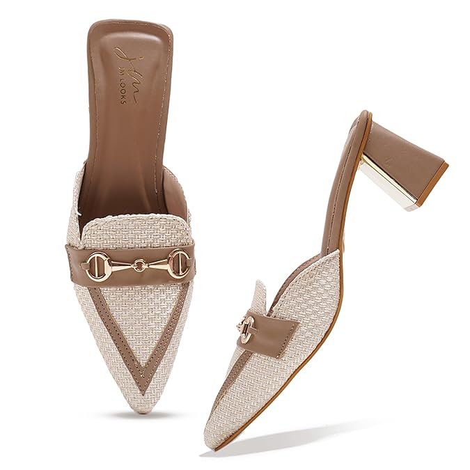 JM LOOKS Women’s Textured Pointed-Toe Mules with Gold Buckle & Block Heel – Elegant Weave Design
