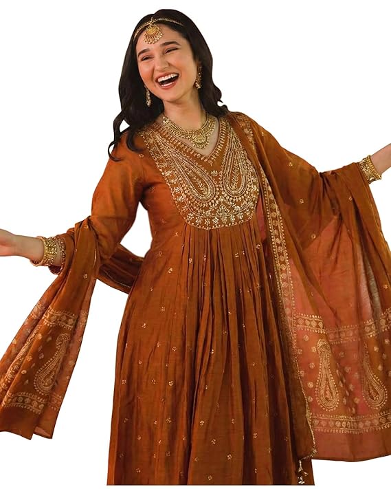 GoSriKi Rust Anarkali Kurta Set for Women with Dupatta | Cotton Kurti Set for Woman | Embroidered Anarkali Suit for Women Kurti Pant Set with Dupatta | Suit Set for Women Latest
