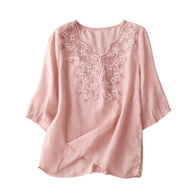 RIEKA Womens Elegant Beige Floral Embroidered Tunic Top with Scalloped V Neck, Relaxed Fit, Lightweight, Casual Ethnic Style Top
