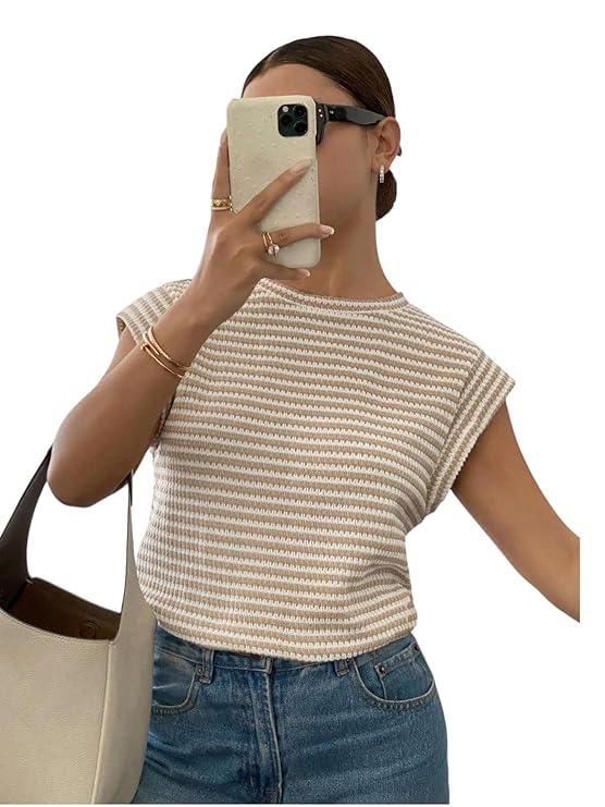 Jawdrobe Women’s Striped Western Top | Round Neck Cap Sleeve T-Shirt for Women | Loose Fit Casual Summer Wear