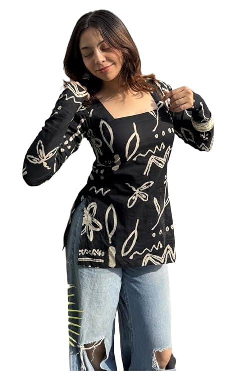 FELISIA Women’s Full Sleeves Rayon Printed Square Neck Short Kurti, Bell Sleeves, Short Kurti for Women, Stylish Ethnic Top, Daily Casual Western & Office wear