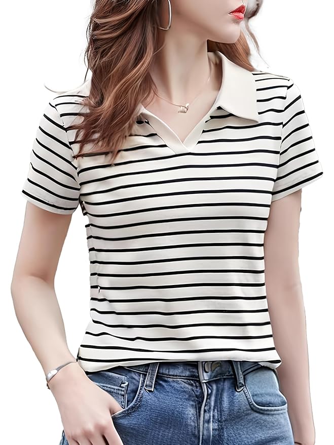 Women Short Sleeve Polo T-Shirts, Lady’s Summer Striped Shirt, Collar Neck Casual Tank Tops