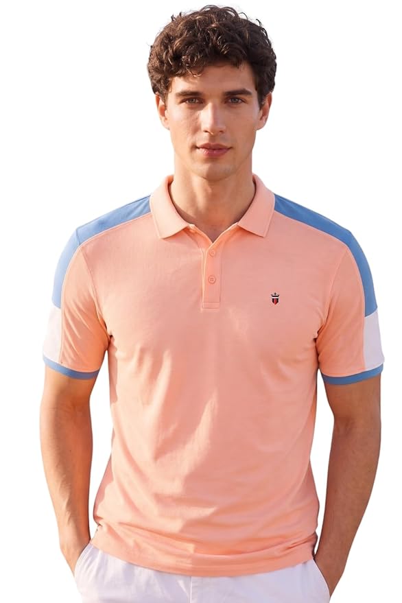 Louis Philippe Men’s Slim Fit Premium High-End Pique in Superior Cotton Cut & Sew Design Color Block Shoulder Half Sleeve Polo Tshirt