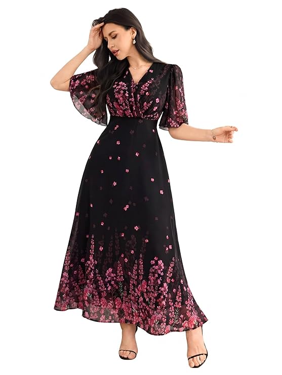 Women’s Georgette Dresses Floral Printed One Piece | V Neck Flutter Sleeve Casual Summer Dress with Belt | Elegant Office Wear & Party Dress