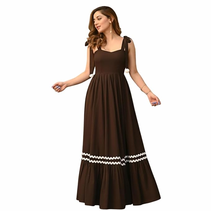 Women’s Elegant Long Maxi Gown with Shoulder Ribbon Tie-Up, Stylish & Trendy – Fit and Flare Sleeveless Square Neckline Western Dress, Casual Dress for Women