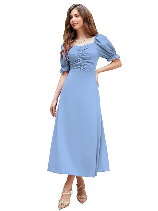 Shasmi Girl’s & Women’s Solid A-Line Ruched Puff Sleeve Maxi Long Evening One Piece Long Dress for Women Stylish (Dress 131)
