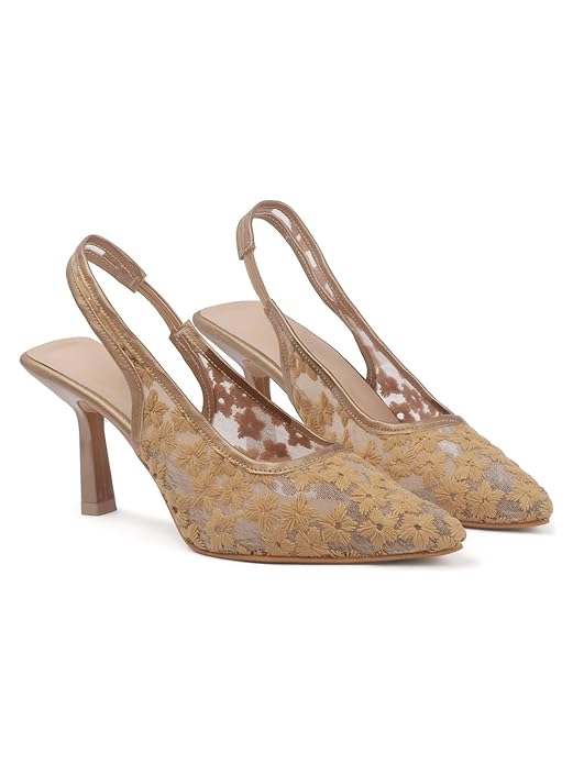 Women’s Floral Embroidered Mesh Mules Style Pointed Toe Slingback Stilettos Heel Sandals