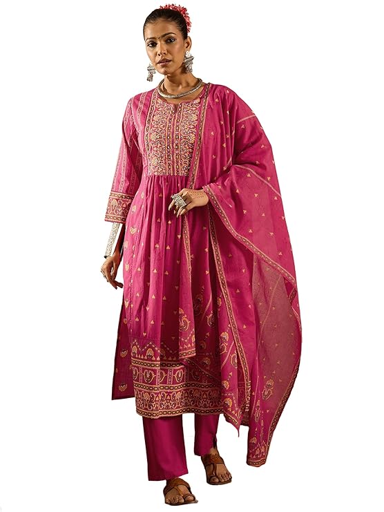 INDO ERA Women’s A-Line Pure Cotton Floral Printed Kurta & Pant with Dupatta Set (IESTR9820)
