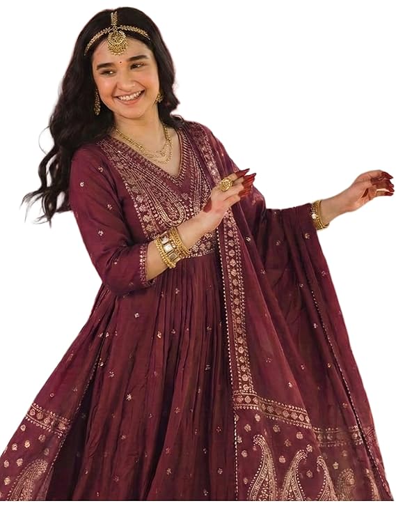 GoSriKi Rust Anarkali Kurta Set for Women with Dupatta | Cotton Kurti Set for Woman | Embroidered Anarkali Suit for Women Kurti Pant Set with Dupatta | Suit Set for Women Latest