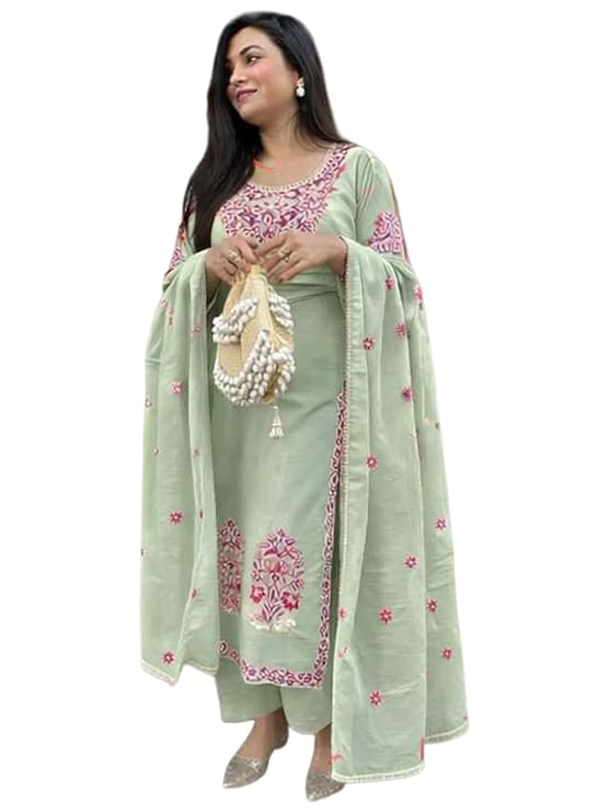 GoSriKi Kurta Sets for Women Viscose Embroidered | Kurta Pant Dupatta Set | Straight Kurti Set for Women | Round Neck 3/4 Sleeve Ethnic Suit | Designer Indian Kurti Outfit with Pants