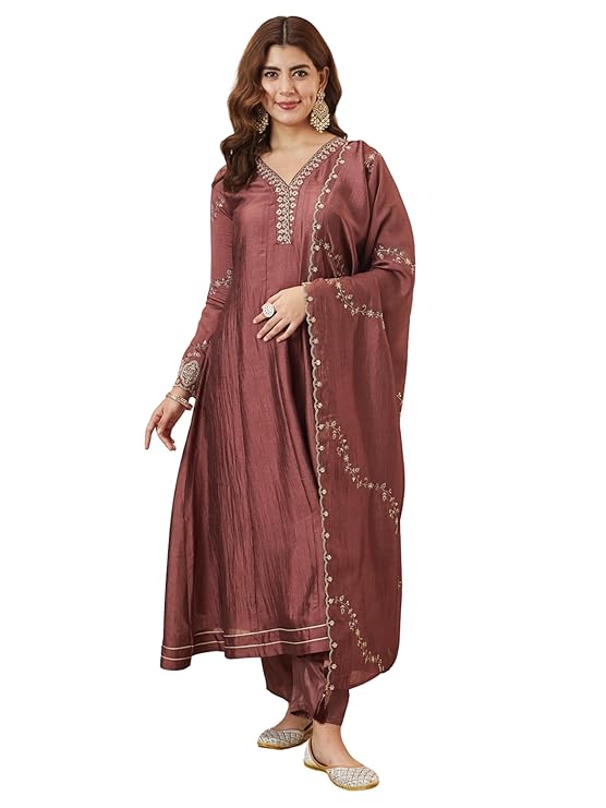 MOKOSH Women’s Silk Embroidered Anarkali Kurta and Pant Set with Dupatta | 3 Piece Ethnic Kurta Set for Women | Regular Fit Traditional Outfit | Festive Anarkali Set for Women