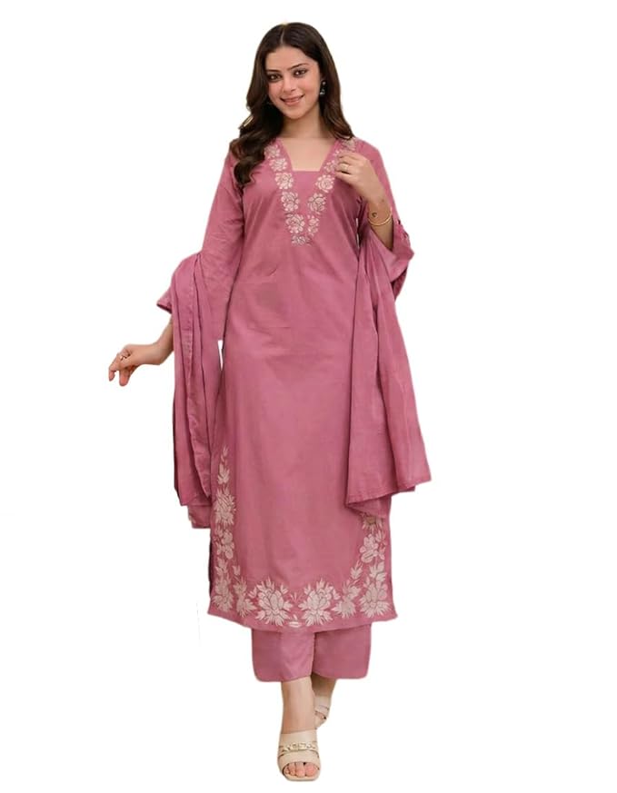 ANNI Designer Pure Cotton Embroidered Kurta Set for Women | Rust Orange Kurta with Pants & Dupatta | Floral Neck & Hem Embroidery | Cotton Kurta Set for Women | 10 Colour Options Available
