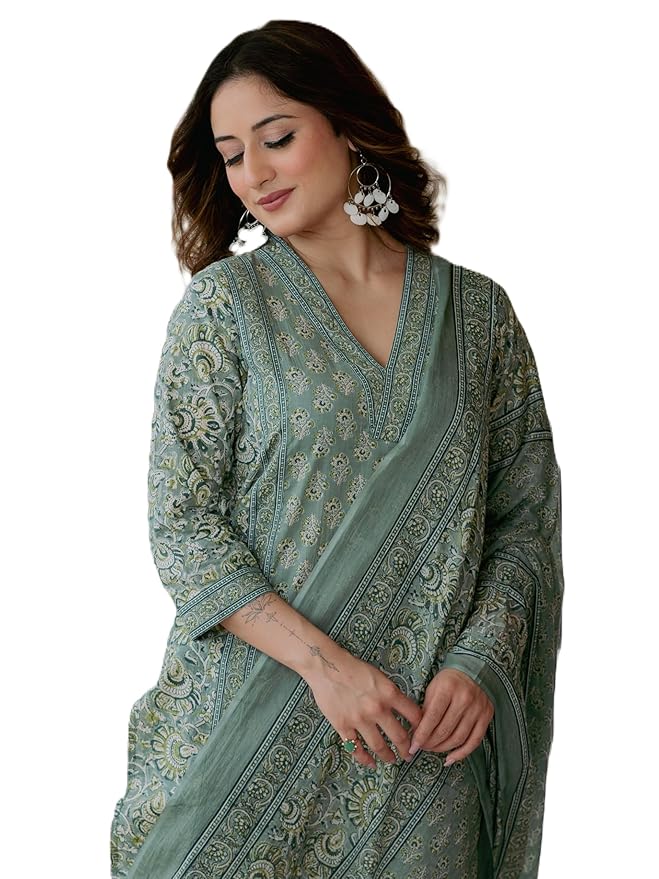 Arayna Women’s Cotton Printed Kurta Set with Pants & Dupatta | Elegant Ethnic Wear for Women | Floral Print | Comfortable Suit Set