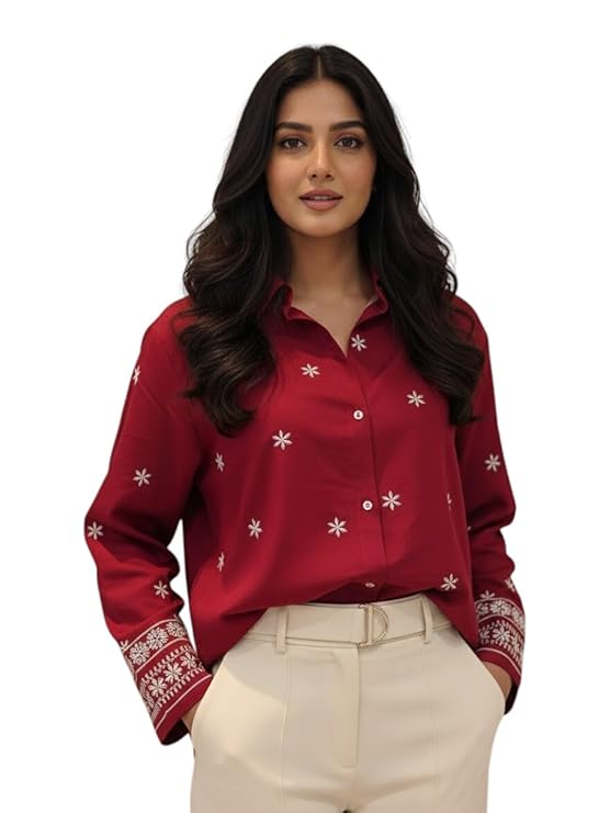 Women Rayon Embroidered Shirt – Long Sleeve Button Down Top with Floral Embroidery, Casual Office Wear Blouse(Maroon)