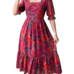 SMOWKLY Women's Georgette Floral Printed Western Gown || Half Sleeve V Neck Fit & Flare Flared Hem Design || A-Line Maxi Dress Casual Wear