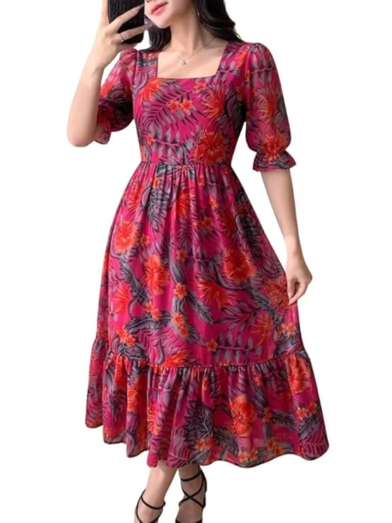 SMOWKLY Women’s Georgette Floral Printed Western Gown || Half Sleeve V Neck Fit & Flare Flared Hem Design || A-Line Maxi Dress Casual Wear