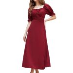 Shasmi Girl's & Women's Solid A-Line Ruched Puff Sleeve Maxi Long Evening One Piece Long Dress for Women Stylish (Dress 131)