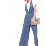 SASSAFRAS Women’s Deep V-Neck Flared Leg Streetwear Denim – Casual Streetwear Denim Jumpsuit