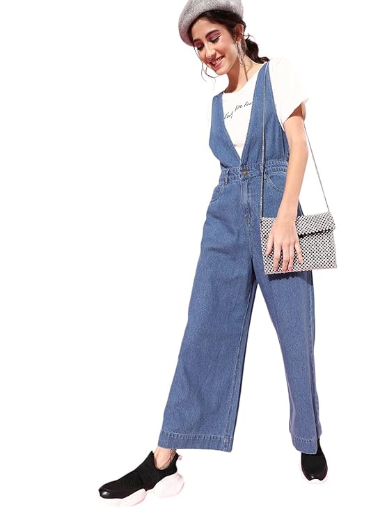 SASSAFRAS Women’s Deep V-Neck Flared Leg Streetwear Denim – Casual Streetwear Denim Jumpsuit
