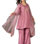 Naixa Women's Onion with Cotton Lining Embroidered A-Line Kurta with Onion Palazzo | Net Embroidered Scalloped Dupatta Set | Full Sleeve | Notch Neck | Festive (Available in Plus Size)